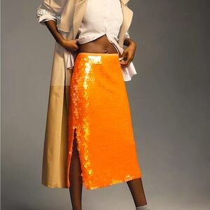 NWT: ANTHROPOLOGIE NEON PAILLETTE SEQUIN LINED MIDI SKIRT GOLDFISH ORANGE LUSTER